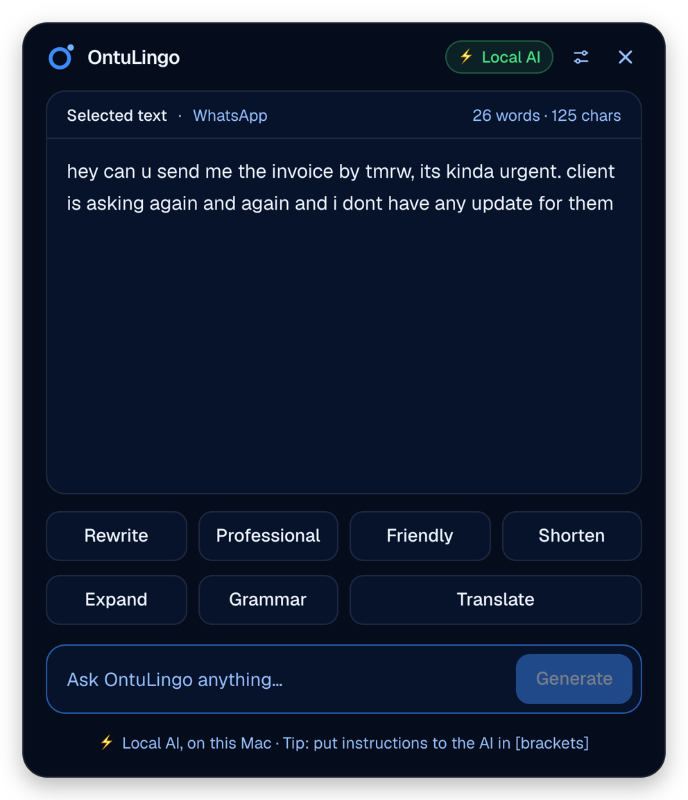 OntuLingo popup showing the selected text and the action buttons