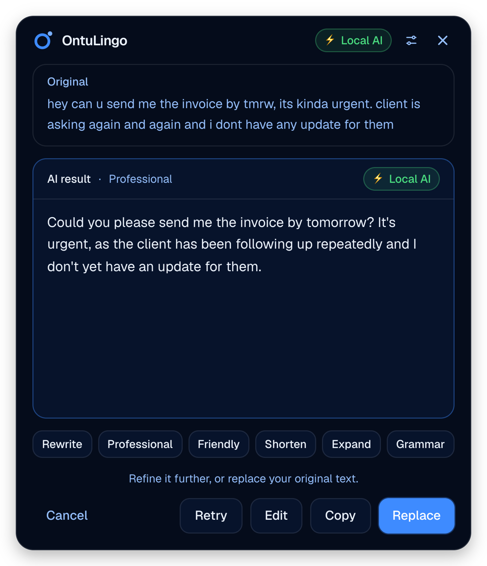 OntuLingo showing the original text and the AI result, with Retry, Edit, Copy and Replace